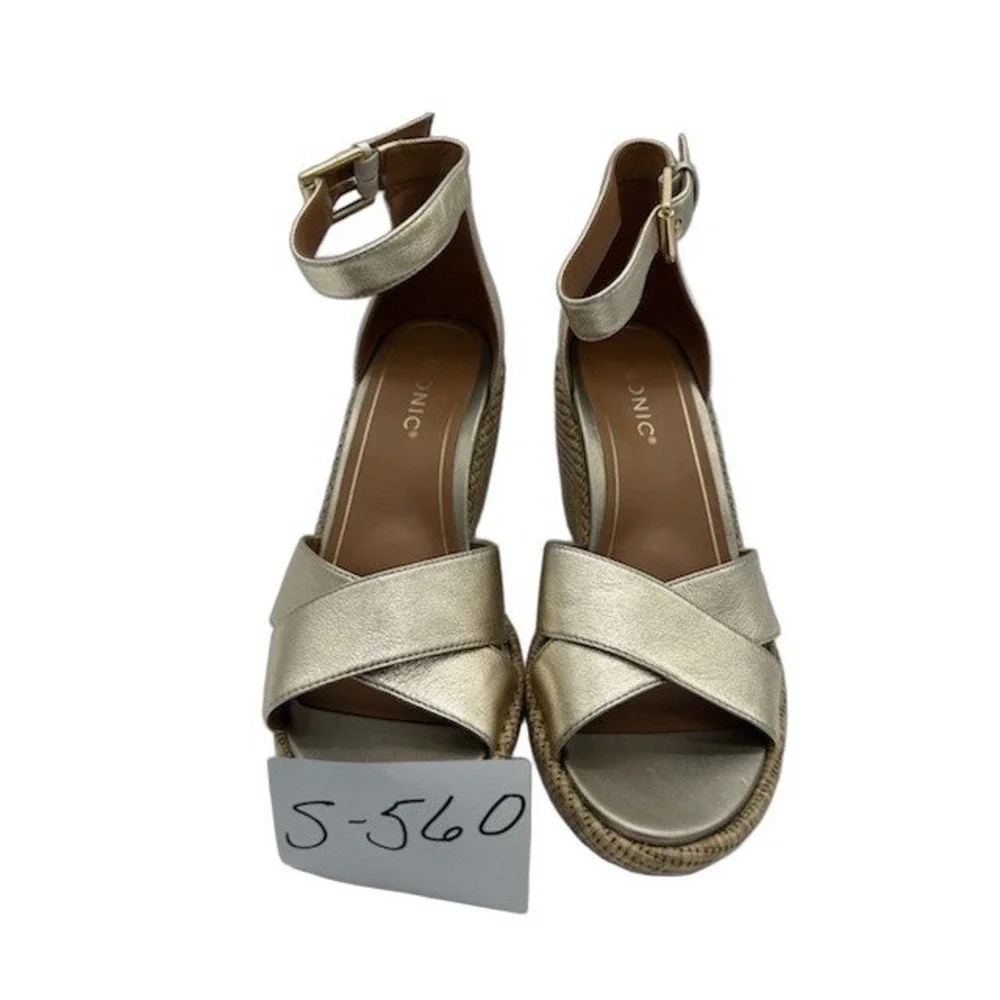 Vionic Marina Wedge Sandals Women's Size 9 Gold Metallic Leather AnkleEspadrille